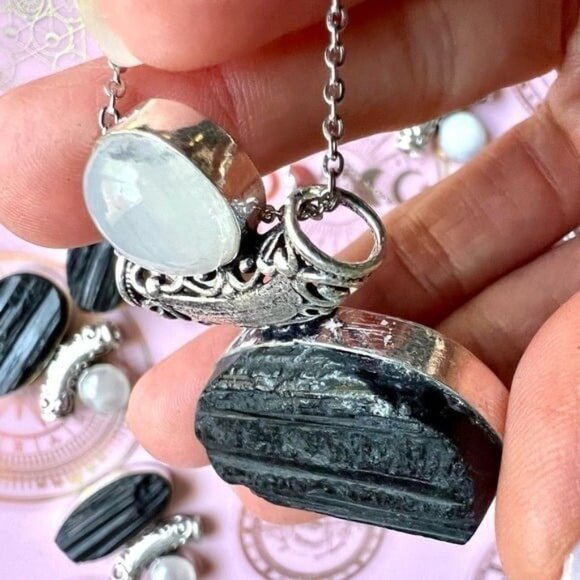 925 Yin Yang YOU CHOOSE! Raw Black Tourmaline + Moonstone Pendant Necklace - Picture 10 of 10